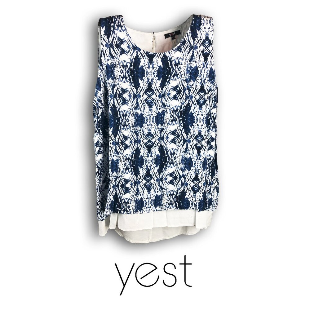 Yest white and navy abstract patterned layered tank top extra long size 8
